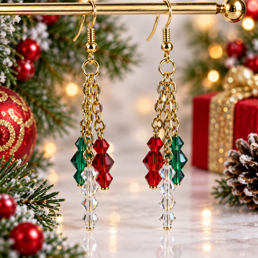 Handmade Christmas Crystal Chain Dangle Earrings Red Green Clear #C46